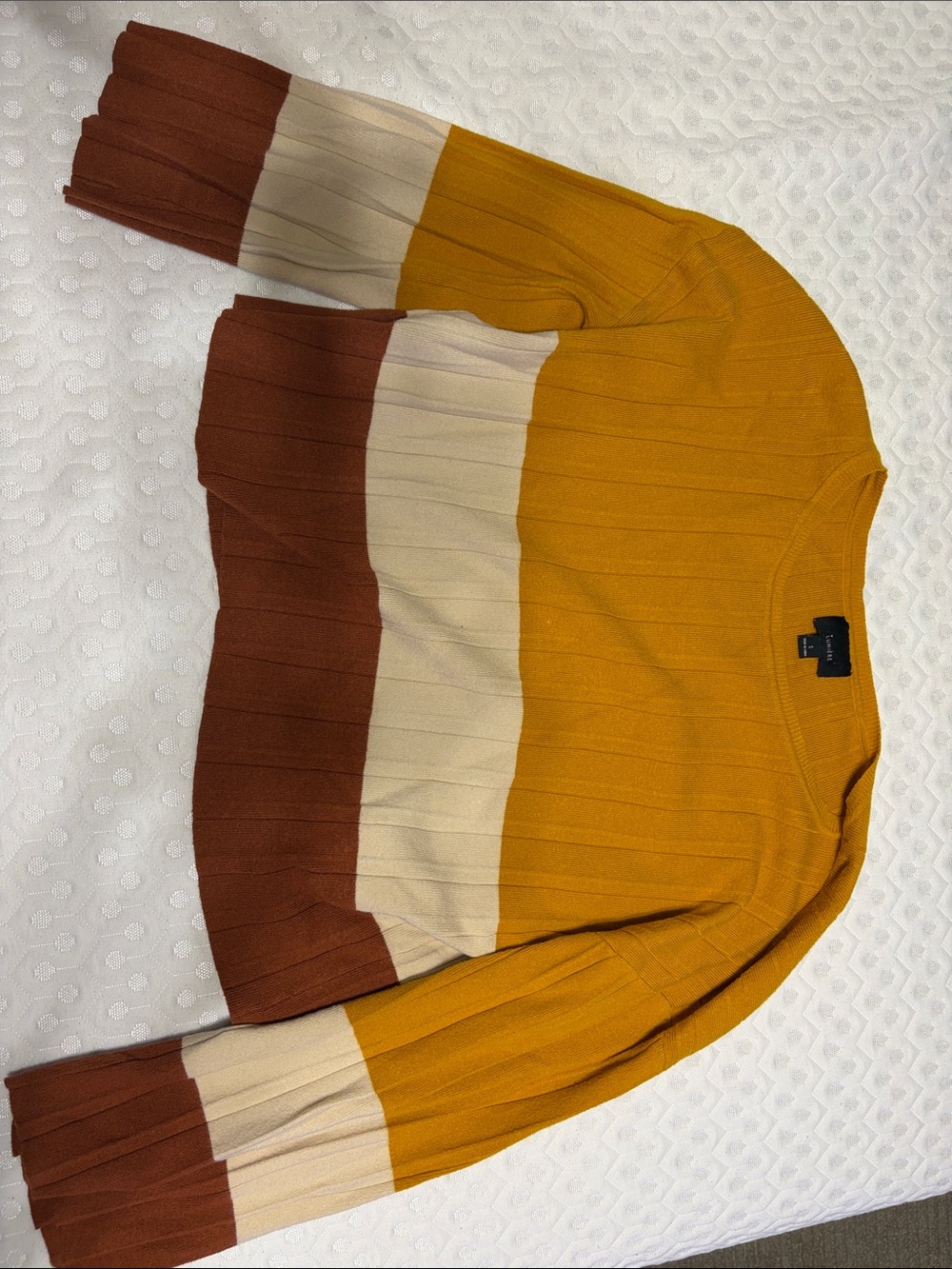 Colorblock Ribbed Crewneck Sweater - Mustard, Cream & Brown